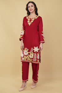 Kashmiri Aari embroidery Jaam Cotton Co-ord set Size-40 (Red)