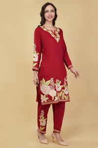Kashmiri Aari embroidery Jaam Cotton Co-ord set Size-40 (Red)