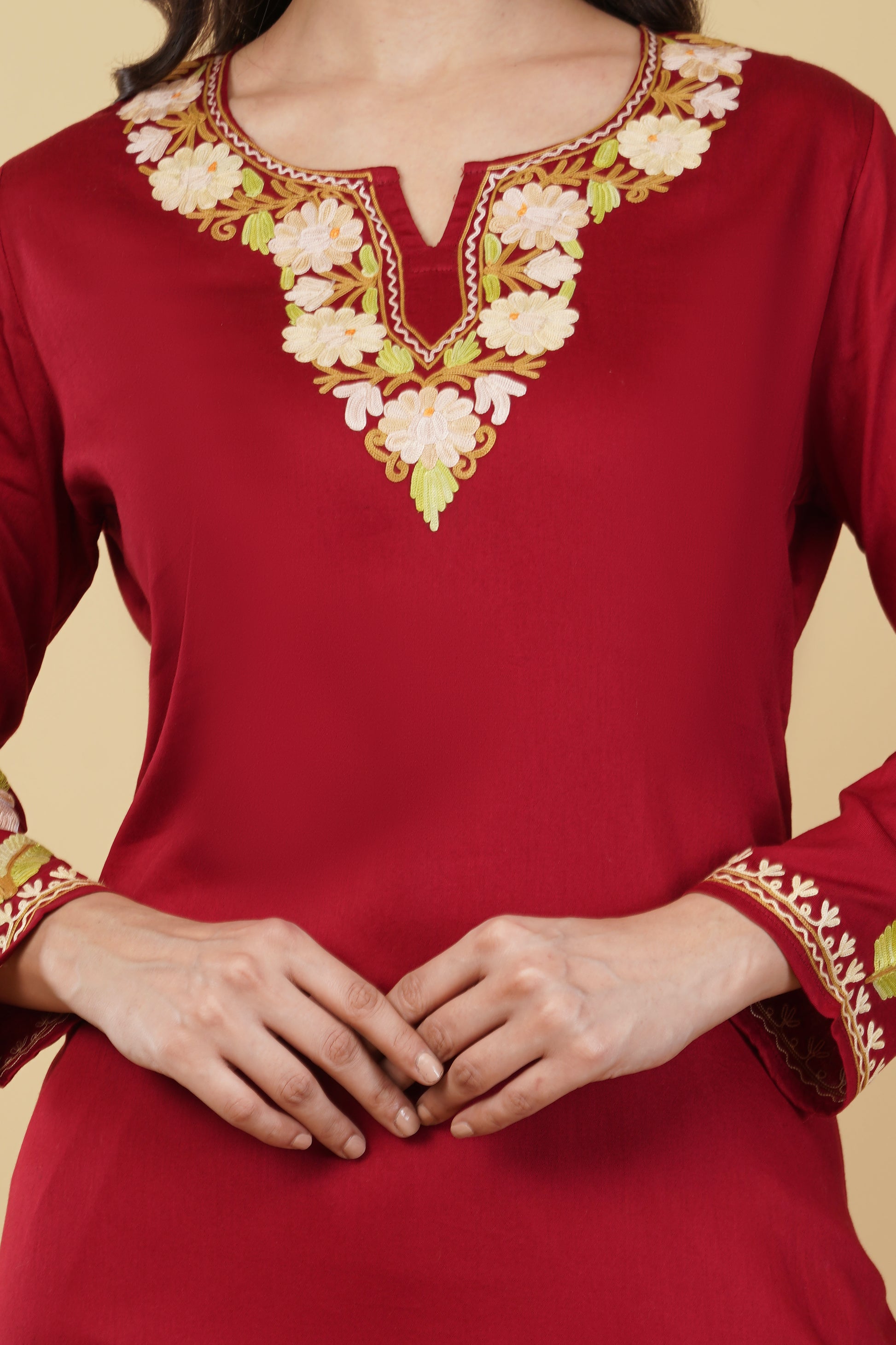 Kashmiri Aari embroidery Jaam Cotton Co-ord set Size-40 (Red)