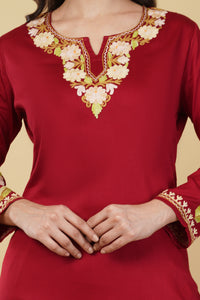 Kashmiri Aari embroidery Jaam Cotton Co-ord set Size-40 (Red)