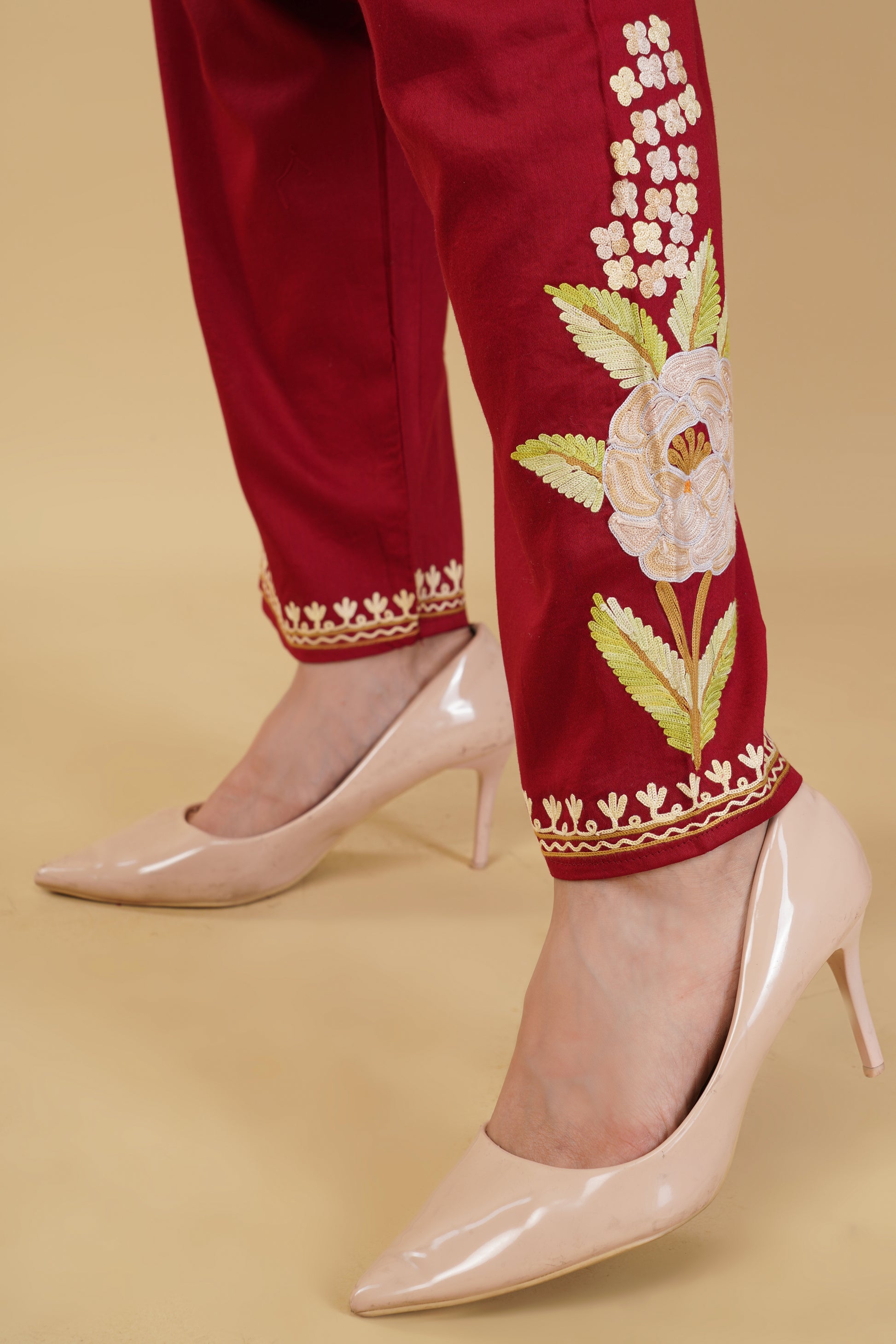 Kashmiri Aari embroidery Jaam Cotton Co-ord set Size-40 (Red)