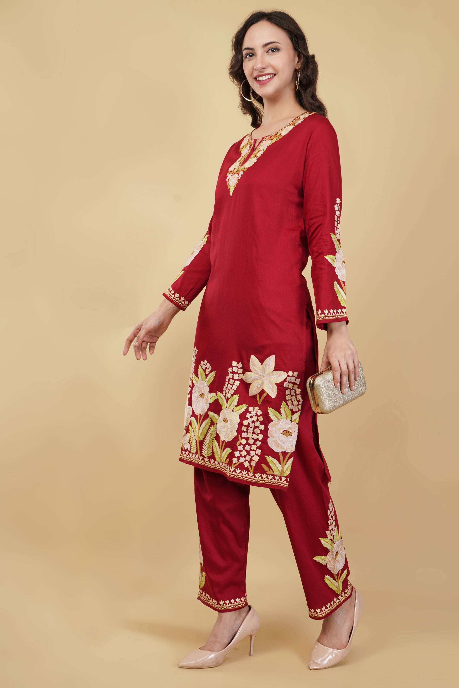 Kashmiri Aari embroidery Jaam Cotton Co-ord set Size-40 (Red)