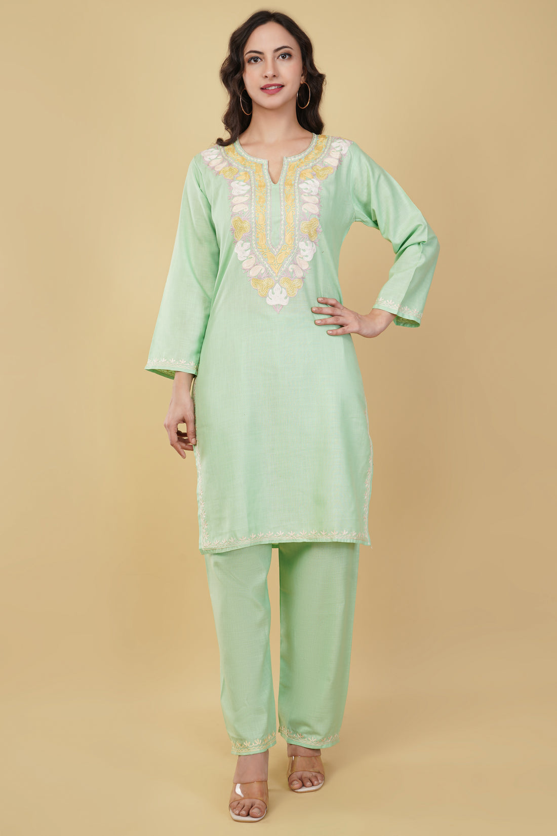 Kashmiri Aari embroidery Cotton Co-ord set Size-38(Green)