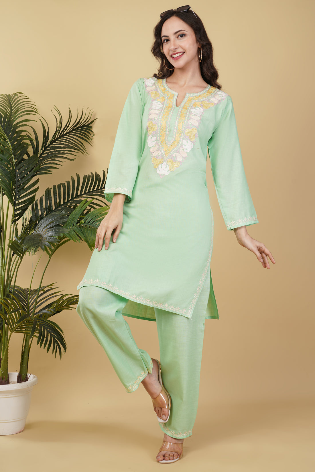 Kashmiri Aari embroidery Cotton Co-ord set Size-38(Green)