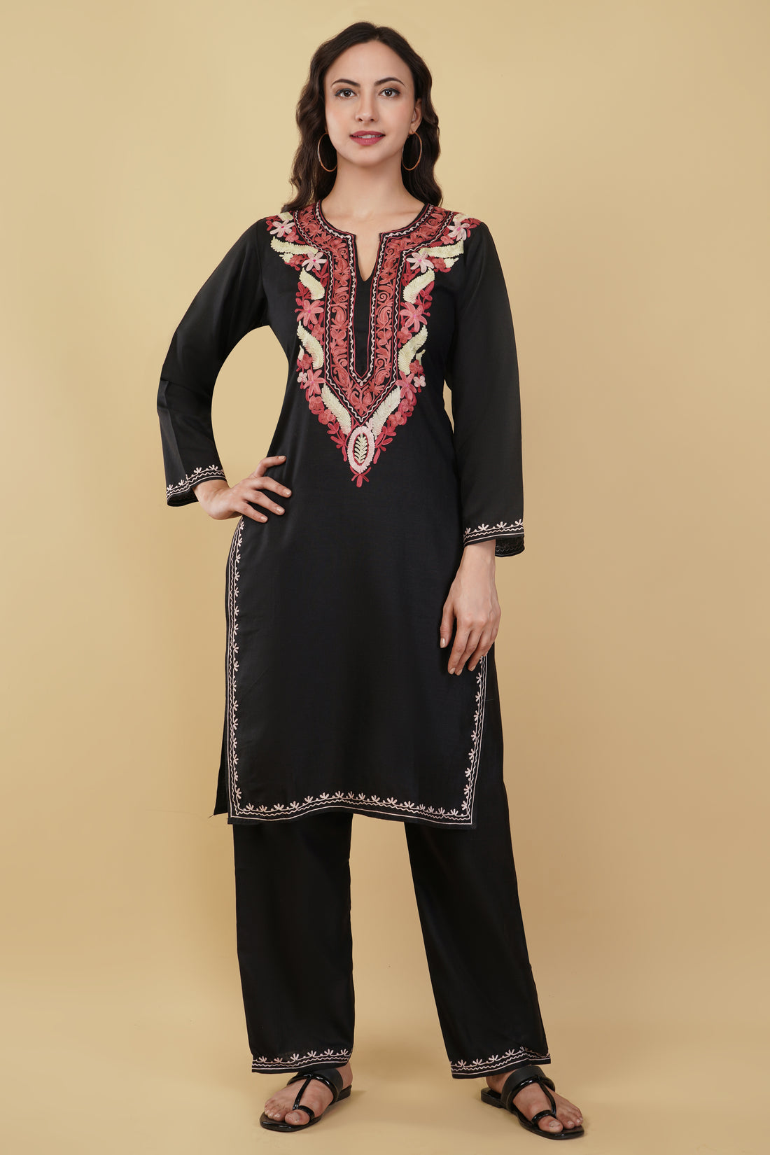 Kashmiri Aari embroidery Cotton Co-ord set Size-36 (Black)