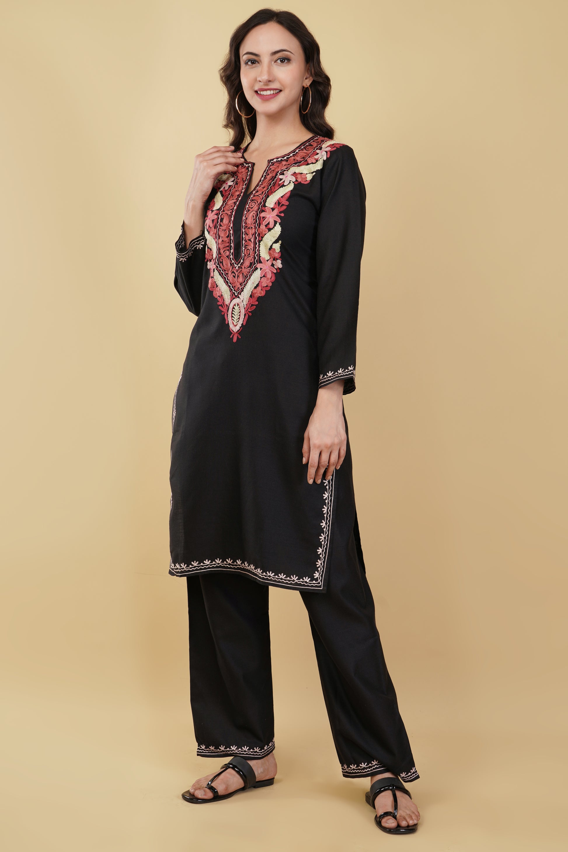 Kashmiri Aari embroidery Cotton Co-ord set Size-36 (Black)