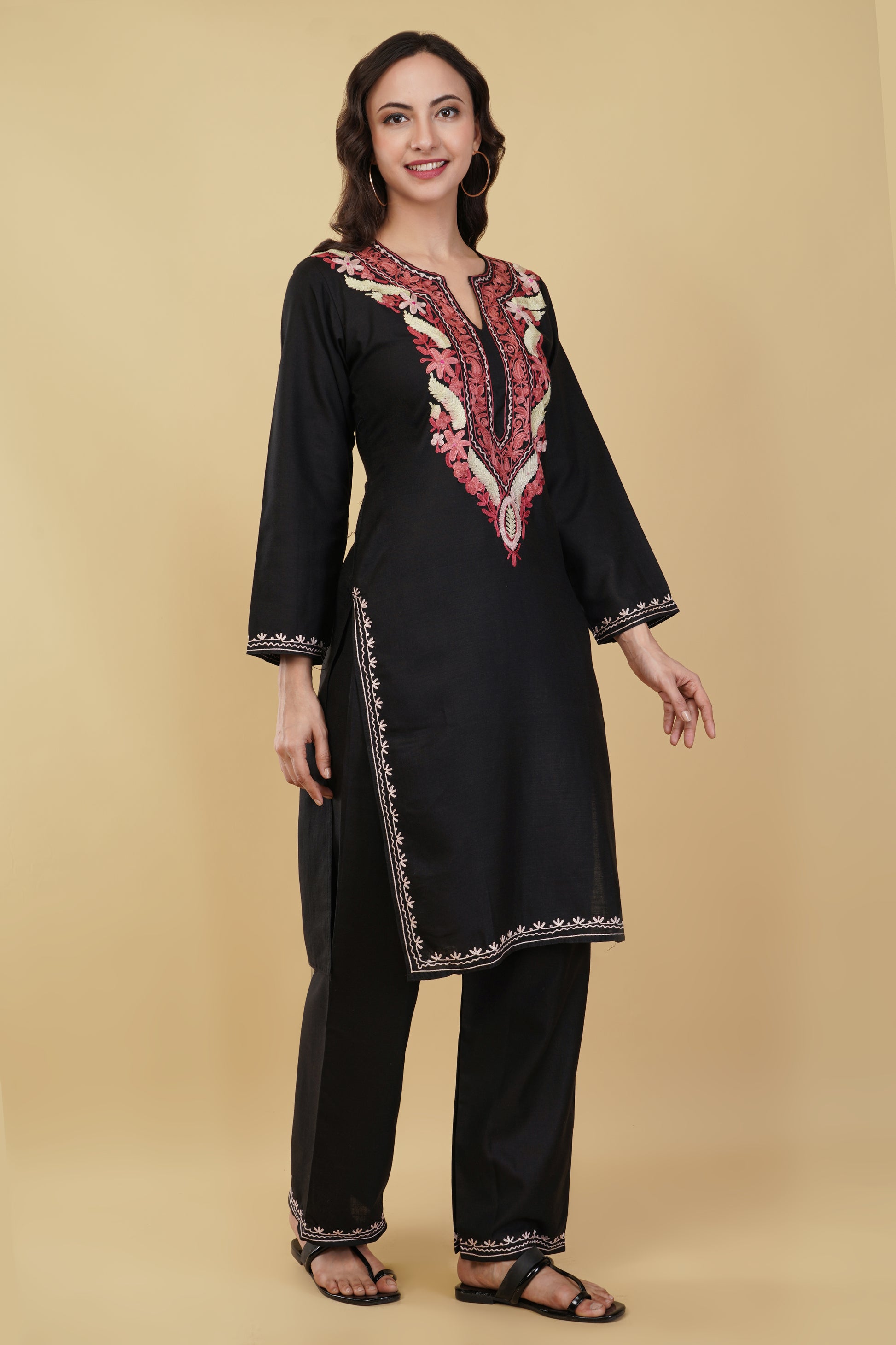Kashmiri Aari embroidery Cotton Co-ord set Size-36 (Black)
