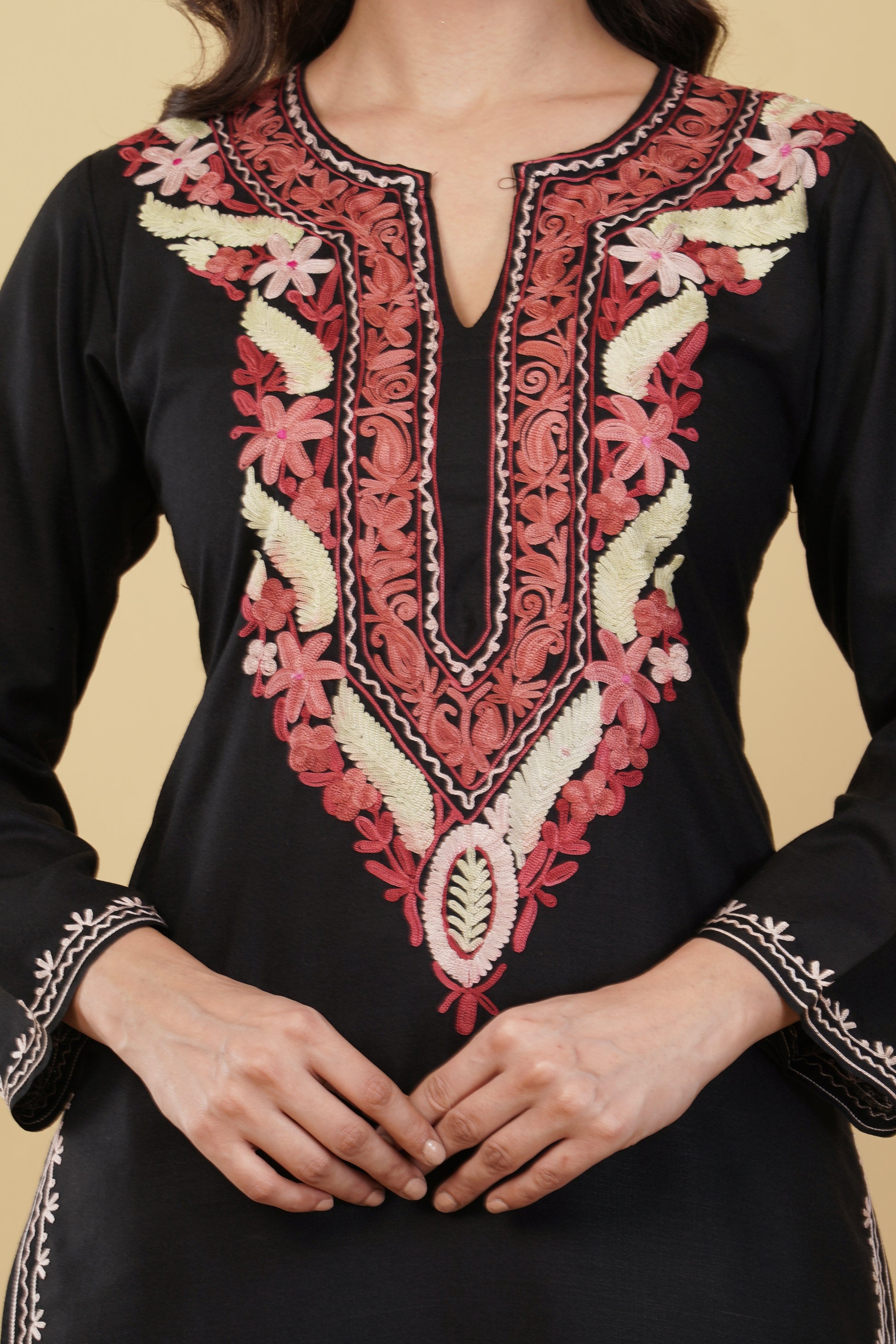 Kashmiri Aari embroidery Cotton Co-ord set Size-36 (Black)