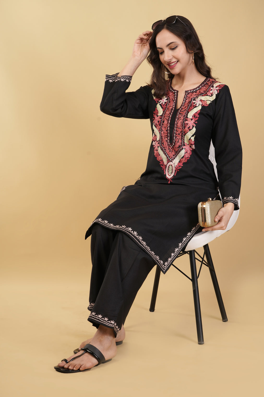 Kashmiri Aari embroidery Cotton Co-ord set Size-36 (Black)