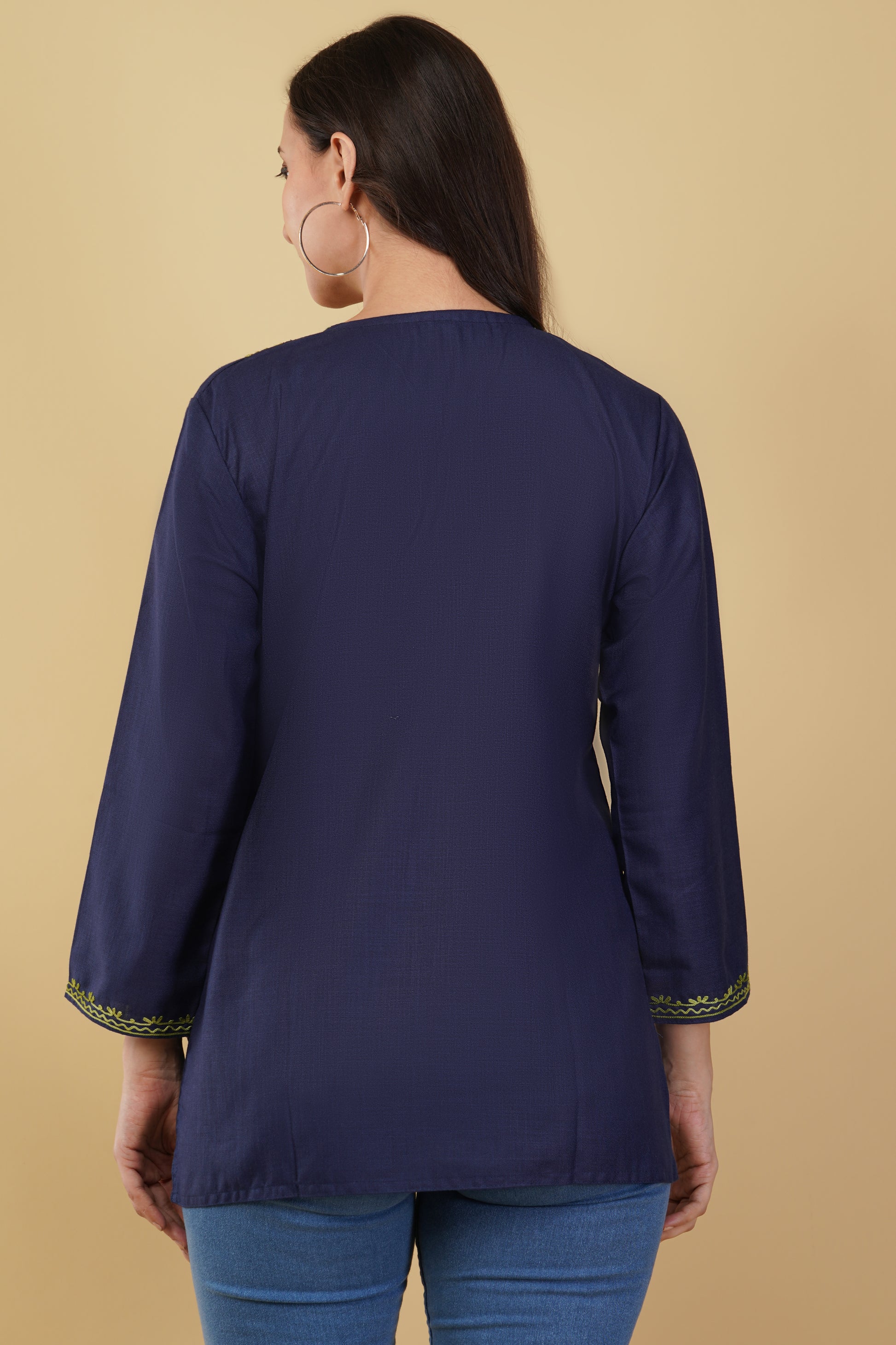 Kashmiri Aari embroidery Cotton Short Kurti Size-38 (Navy Blue)