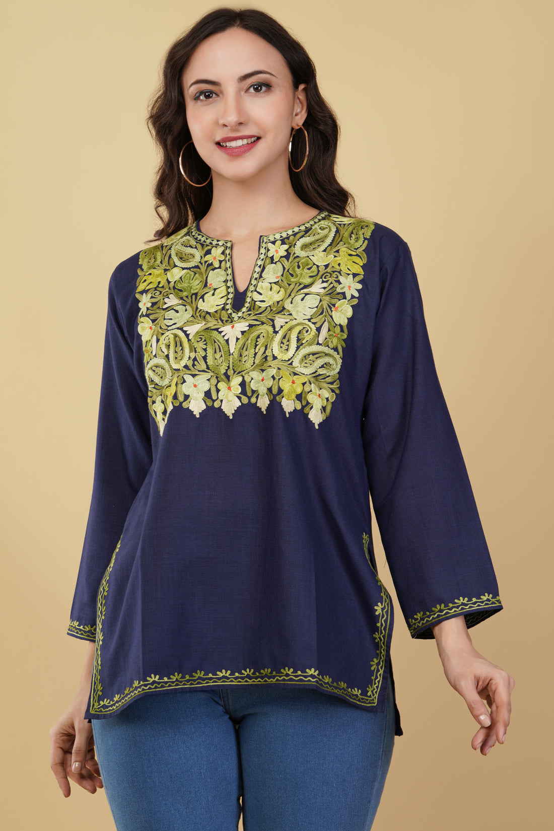 Kashmiri Aari embroidery Cotton Short Kurti Size-38 (Navy Blue)