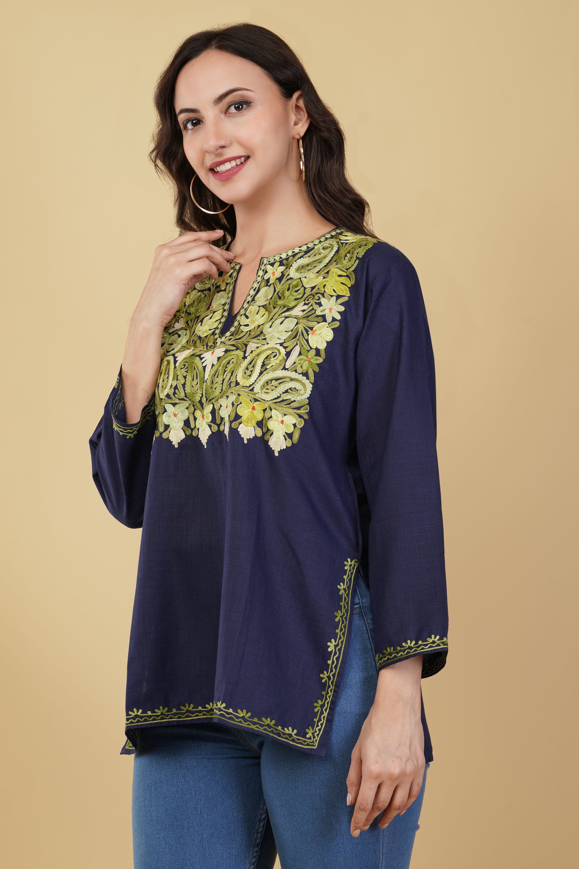 Kashmiri Aari embroidery Cotton Short Kurti Size-38 (Navy Blue)