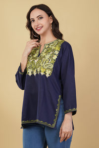 Kashmiri Aari embroidery Cotton Short Kurti Size-38 (Navy Blue)