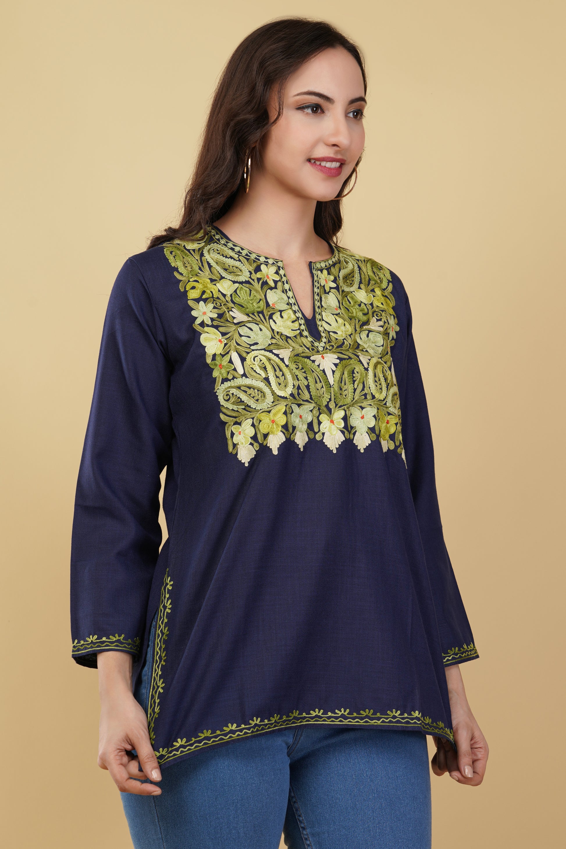 Kashmiri Aari embroidery Cotton Short Kurti Size-38 (Navy Blue)