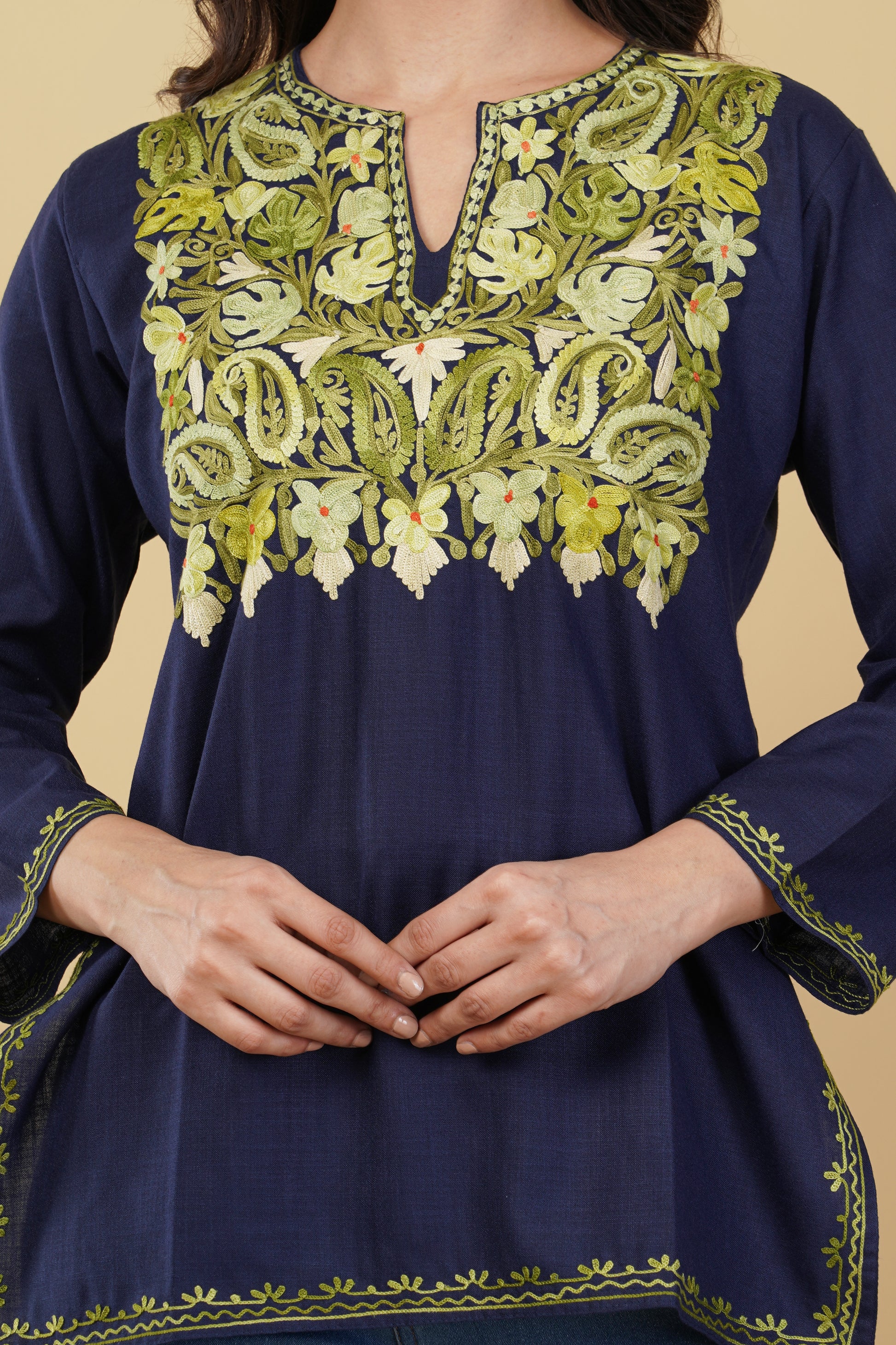 Kashmiri Aari embroidery Cotton Short Kurti Size-38 (Navy Blue)