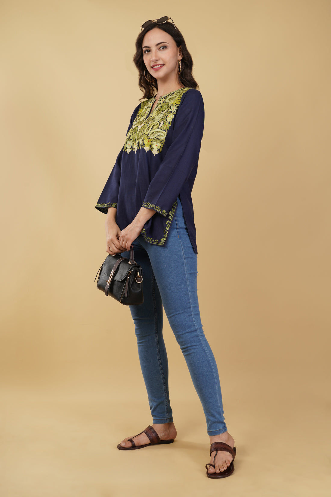 Kashmiri Aari embroidery Cotton Short Kurti Size-38 (Navy Blue)