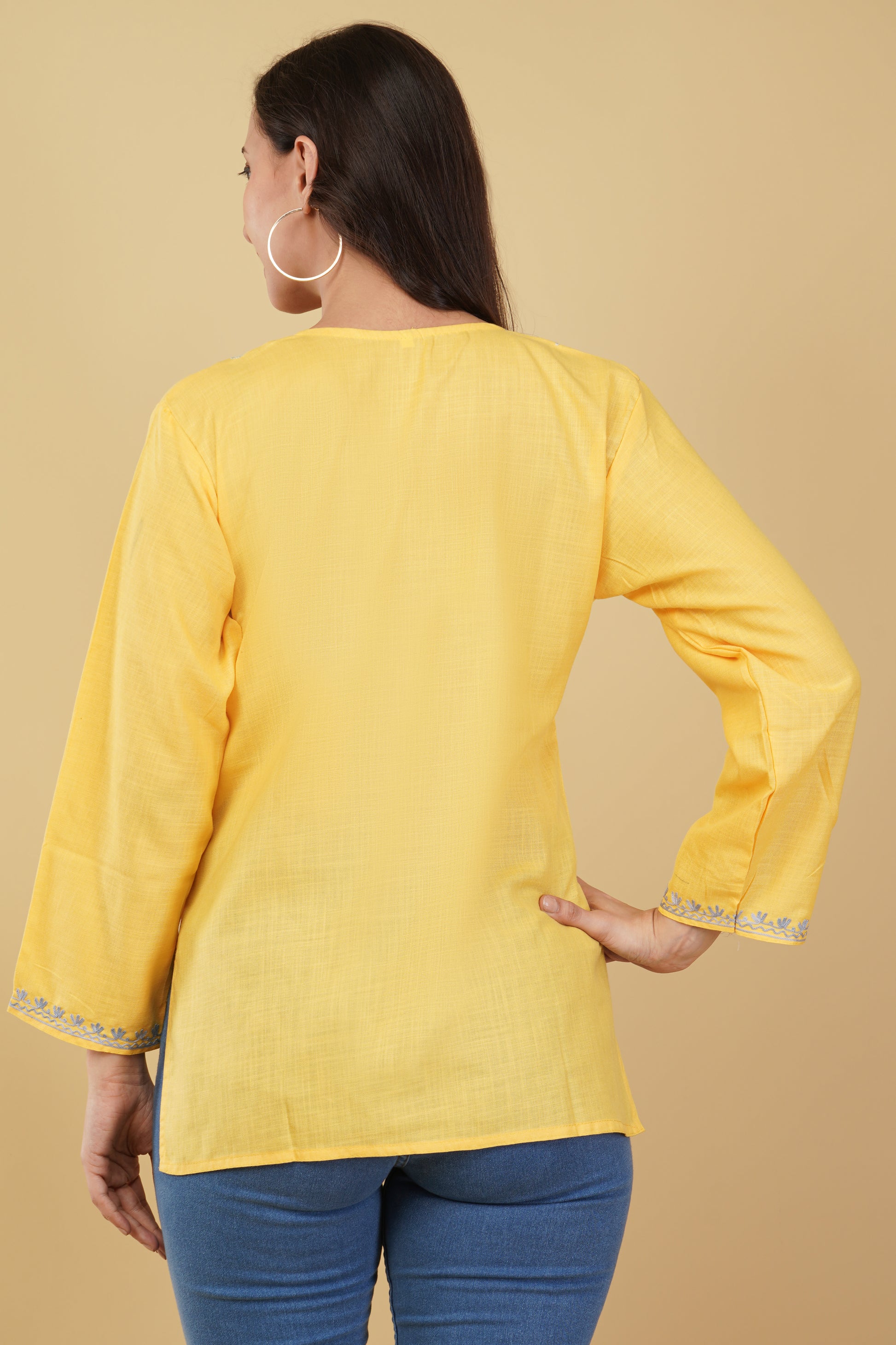 Kashmiri Aari embroidery Cotton Short Kurti Size-36 (Yellow)