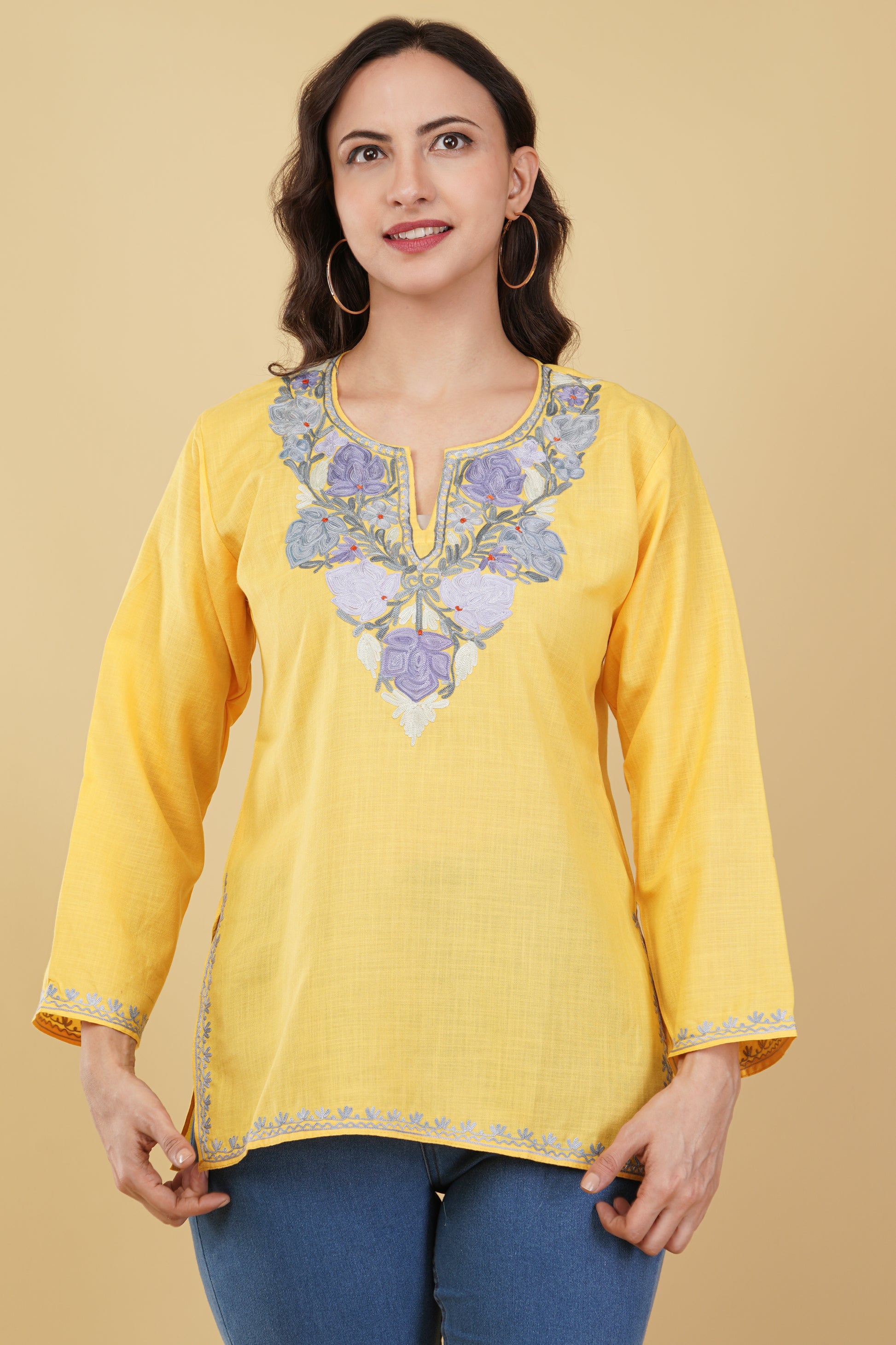 Kashmiri Aari embroidery Cotton Short Kurti Size-36 (Yellow)