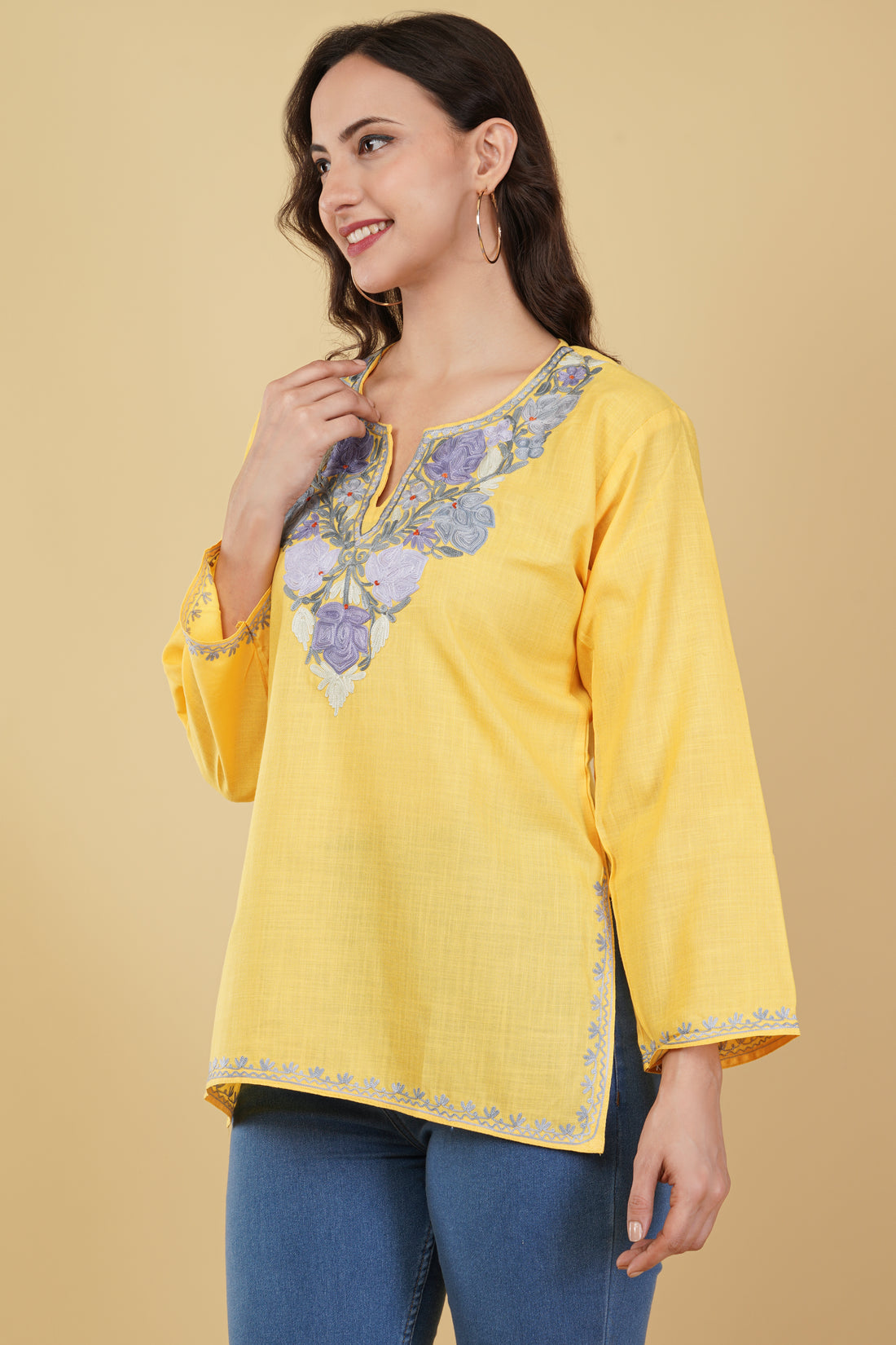 Kashmiri Aari embroidery Cotton Short Kurti Size-36 (Yellow)