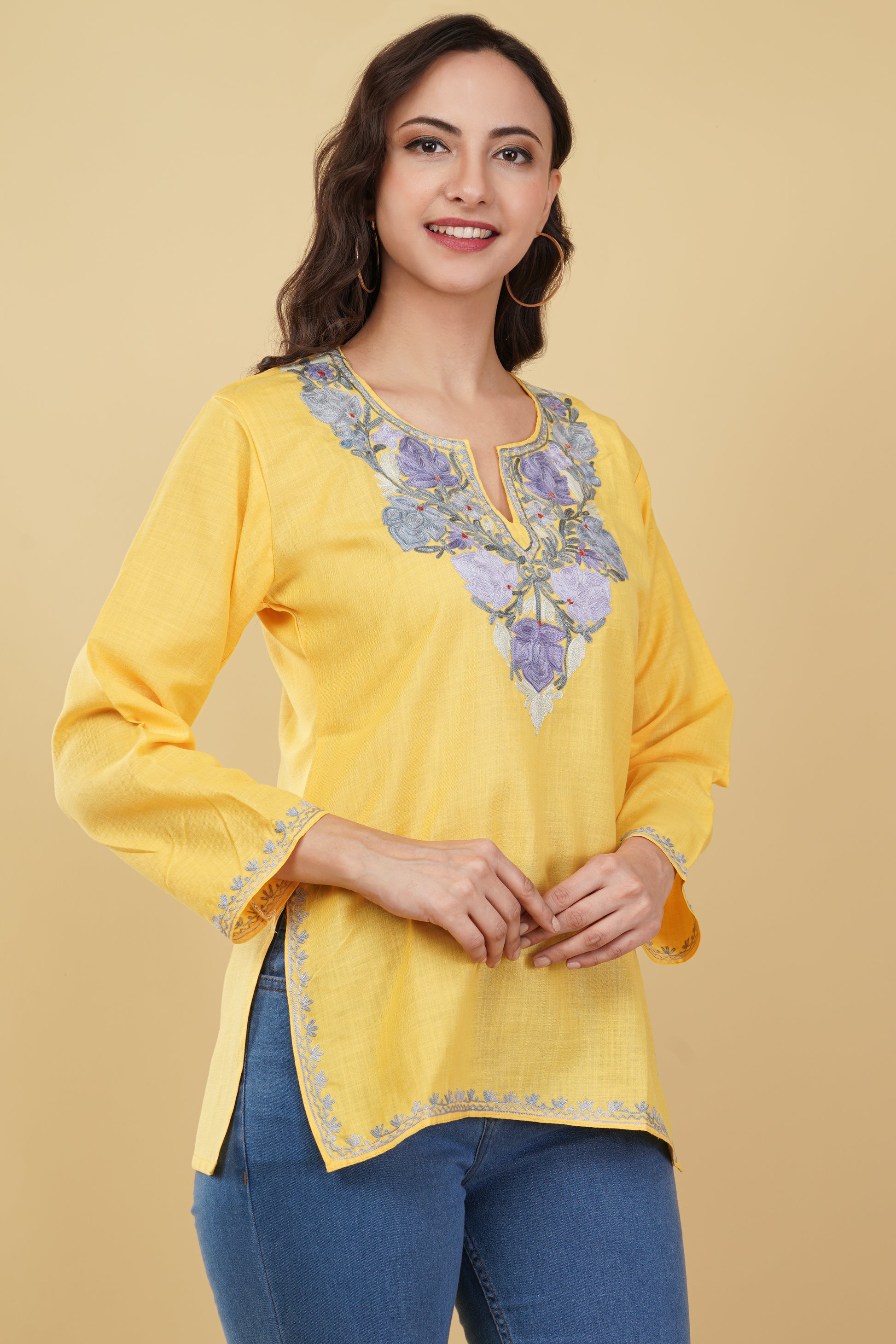 Kashmiri Aari embroidery Cotton Short Kurti Size-36 (Yellow)