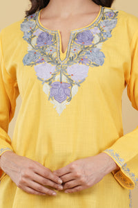 Kashmiri Aari embroidery Cotton Short Kurti Size-36 (Yellow)