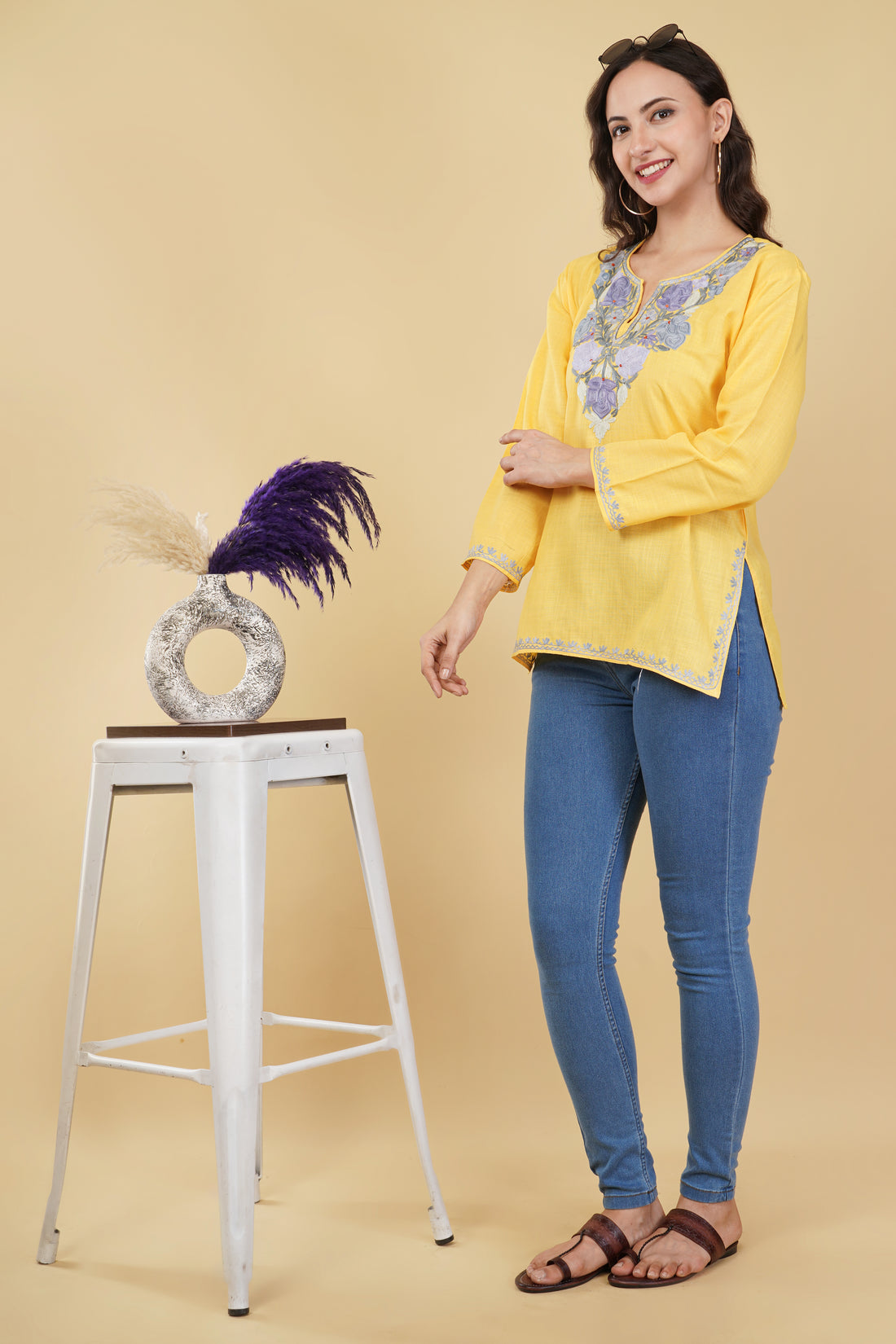 Kashmiri Aari embroidery Cotton Short Kurti Size-36 (Yellow)