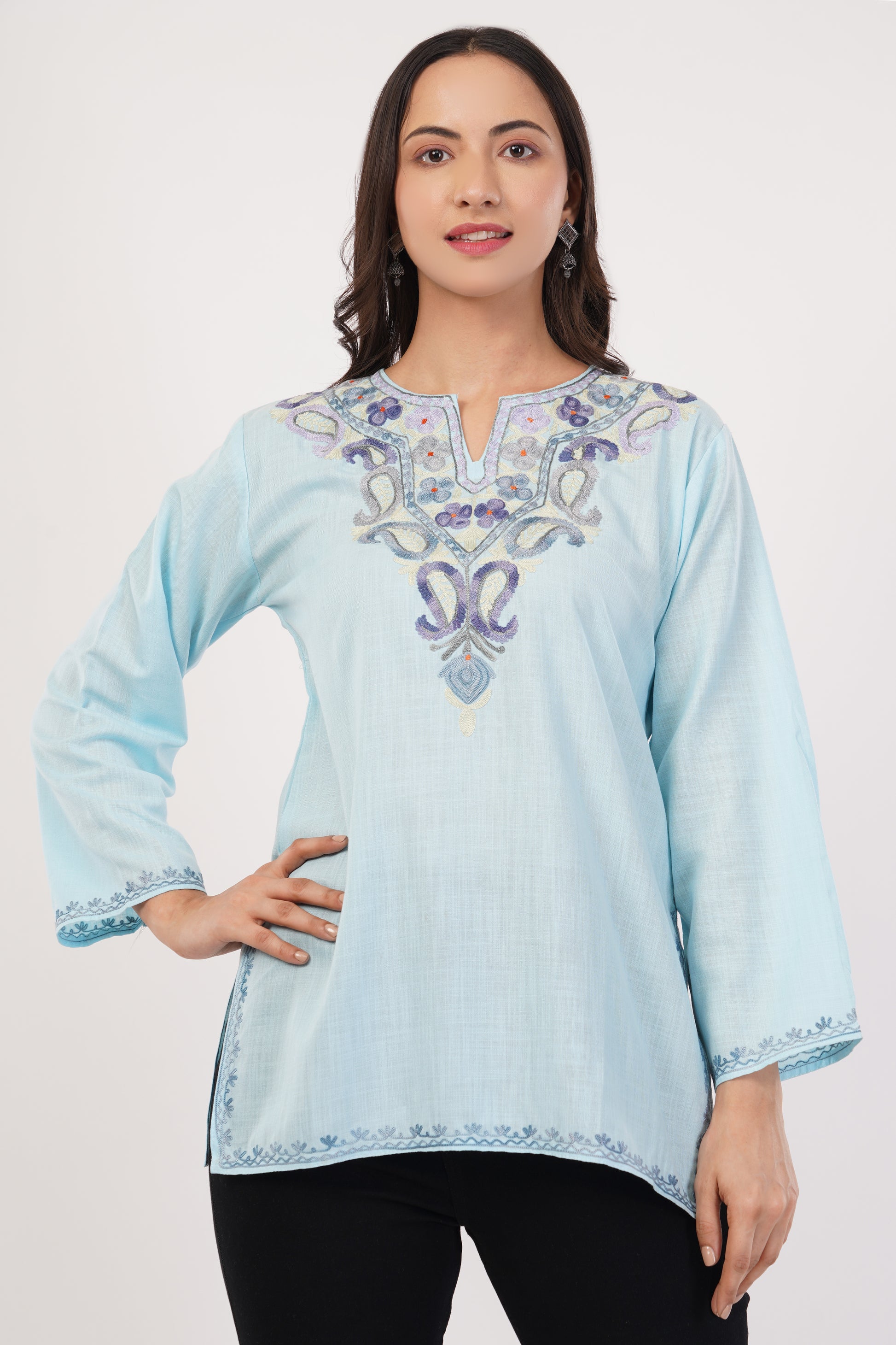 Kashmiri Aari embroidery Cotton Short Kurti Size-36( Sky Blue)