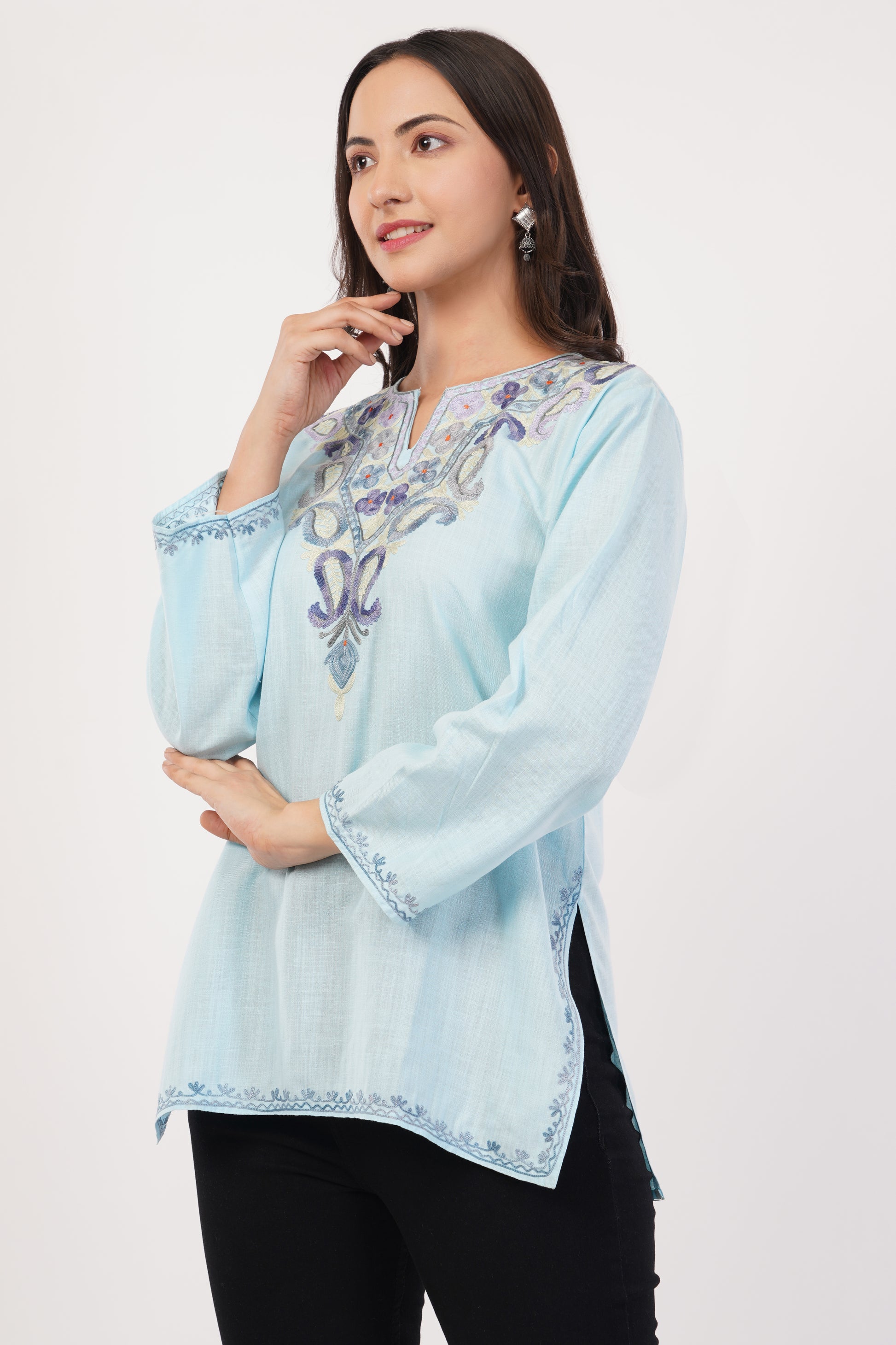 Kashmiri Aari embroidery Cotton Short Kurti Size-36( Sky Blue)