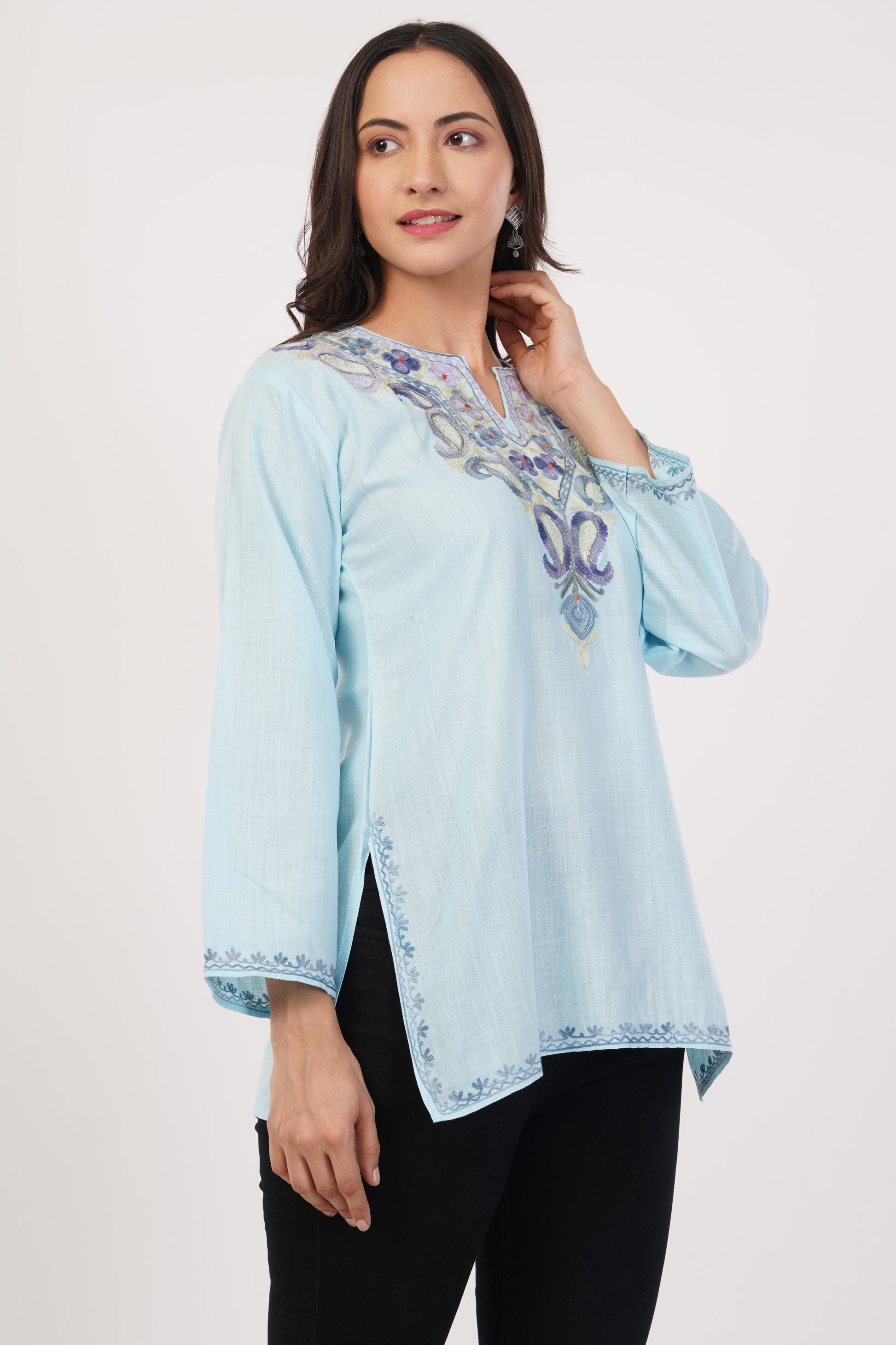 Kashmiri Aari embroidery Cotton Short Kurti Size-36( Sky Blue)
