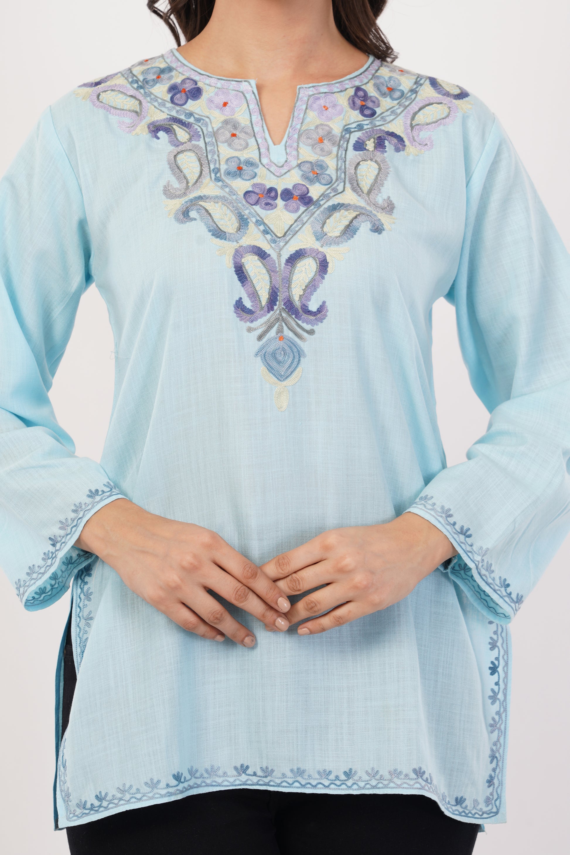 Kashmiri Aari embroidery Cotton Short Kurti Size-36( Sky Blue)