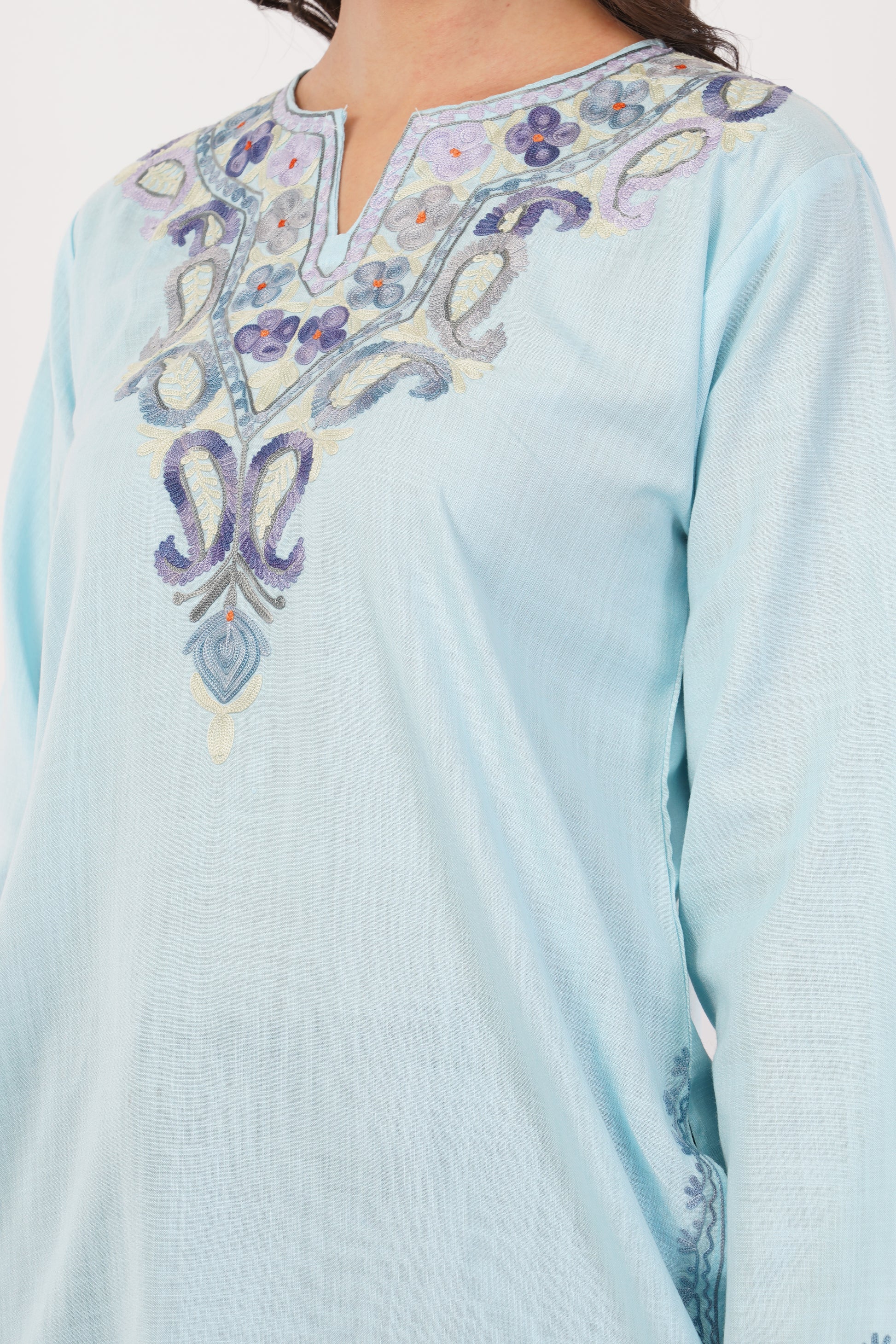 Kashmiri Aari embroidery Cotton Short Kurti Size-36( Sky Blue)