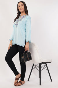 Kashmiri Aari embroidery Cotton Short Kurti Size-36( Sky Blue)