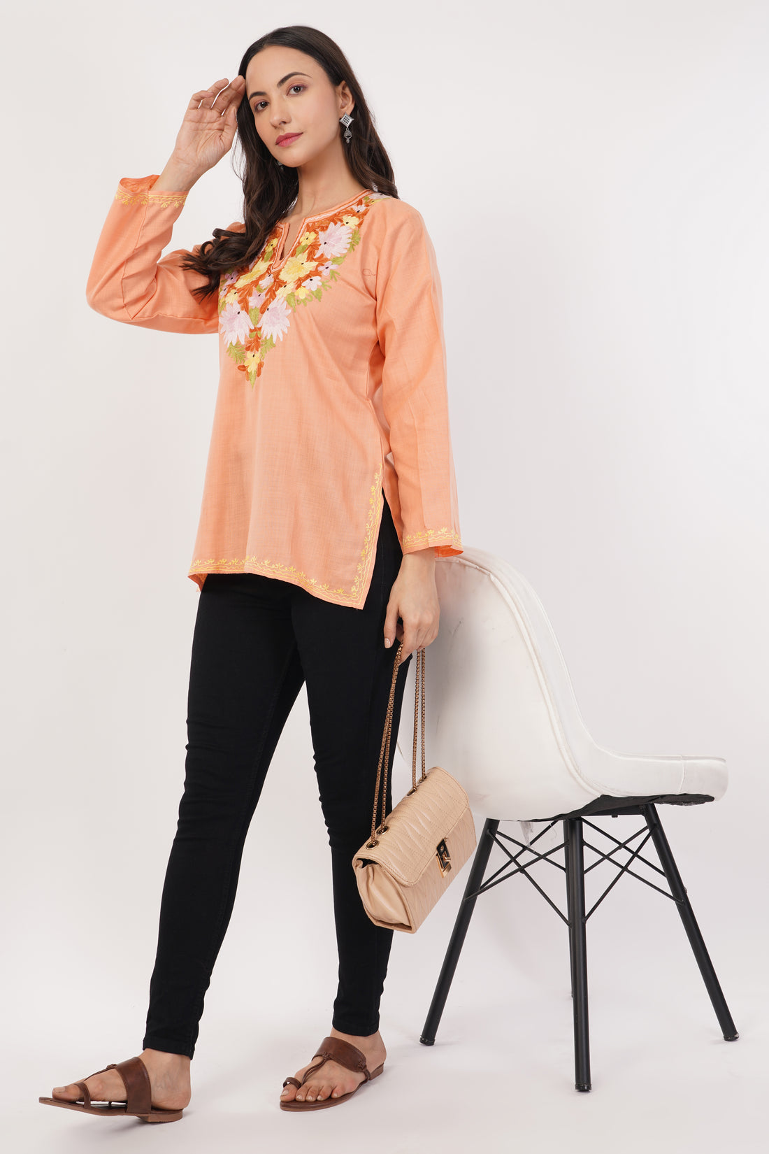 Kashmiri Aari embroidery Cotton Short Kurti Size-38 (Peach)