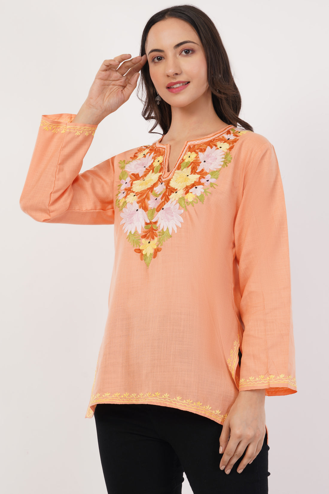 Kashmiri Aari embroidery Cotton Short Kurti Size-38 (Peach)