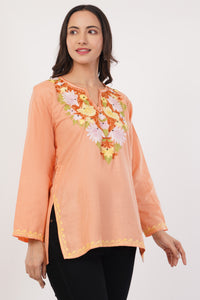 Kashmiri Aari embroidery Cotton Short Kurti Size-38 (Peach)