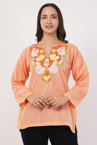 Kashmiri Aari embroidery Cotton Short Kurti Size-38 (Peach)