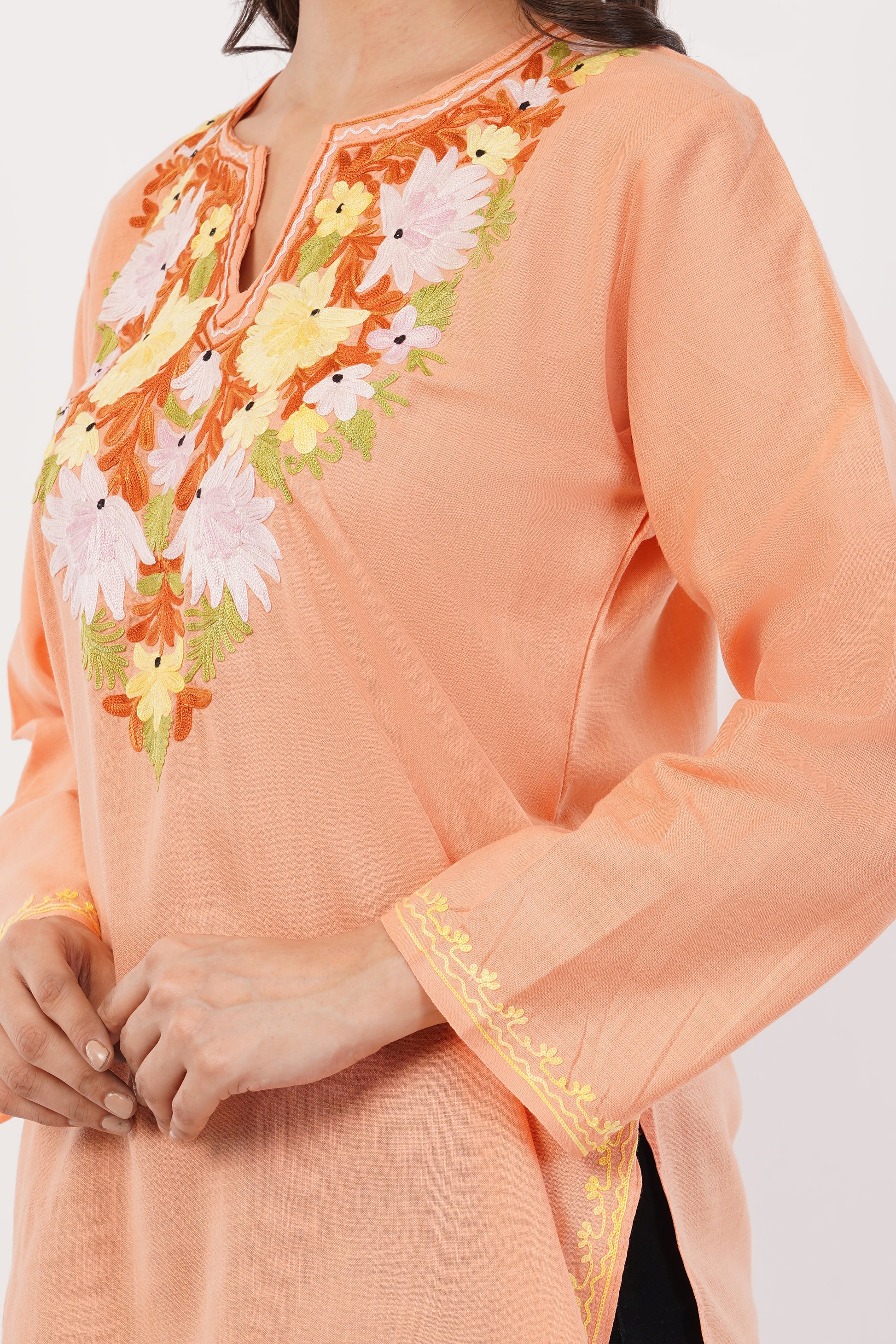 Kashmiri Aari embroidery Cotton Short Kurti Size-38 (Peach)