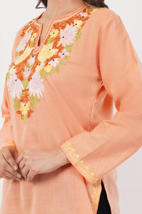 Kashmiri Aari embroidery Cotton Short Kurti Size-38 (Peach)