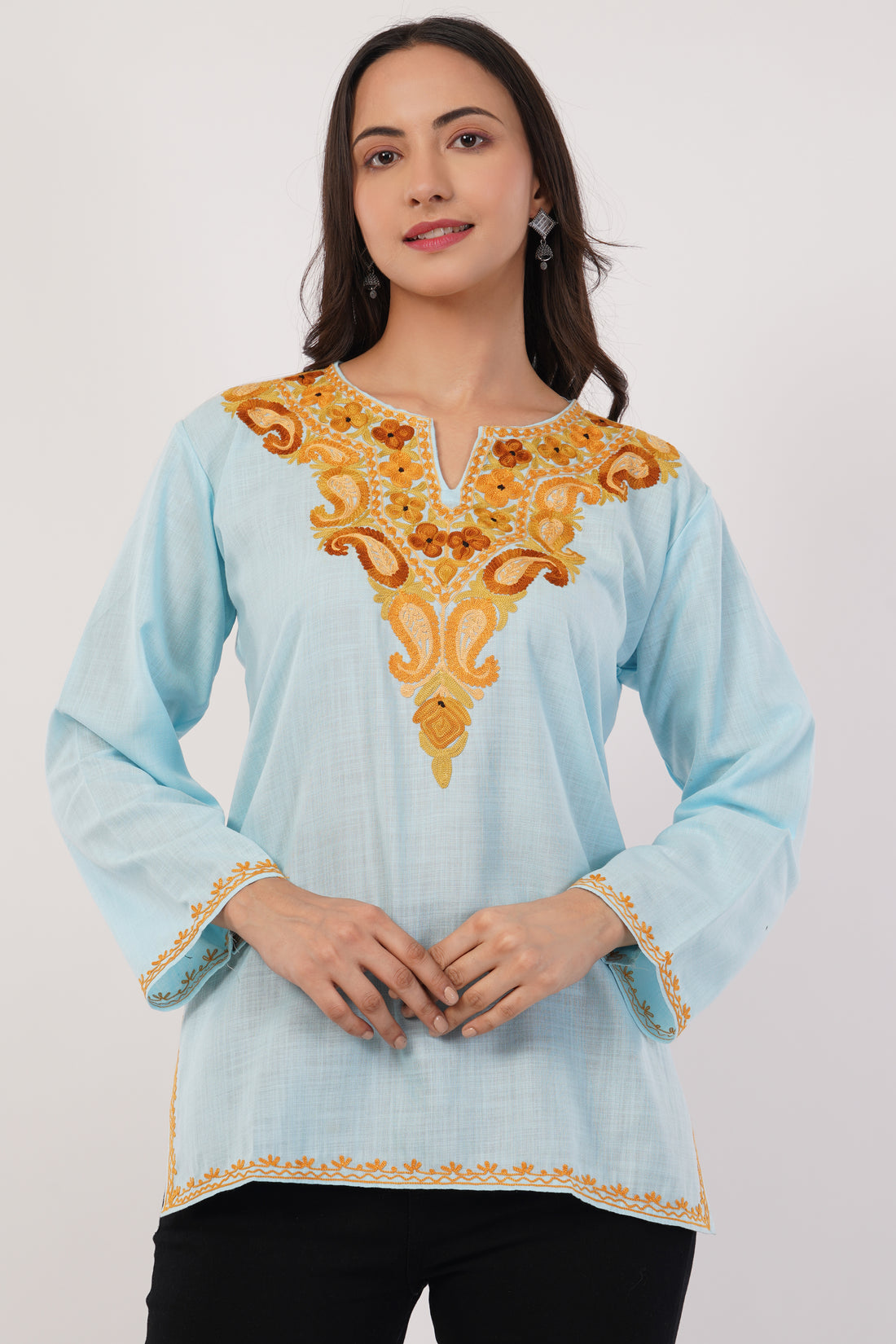Kashmiri Aari embroidery Cotton Short Kurti Size-38 (Sky Blue)