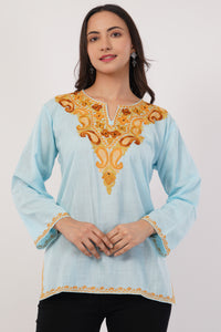 Kashmiri Aari embroidery Cotton Short Kurti Size-38 (Sky Blue)
