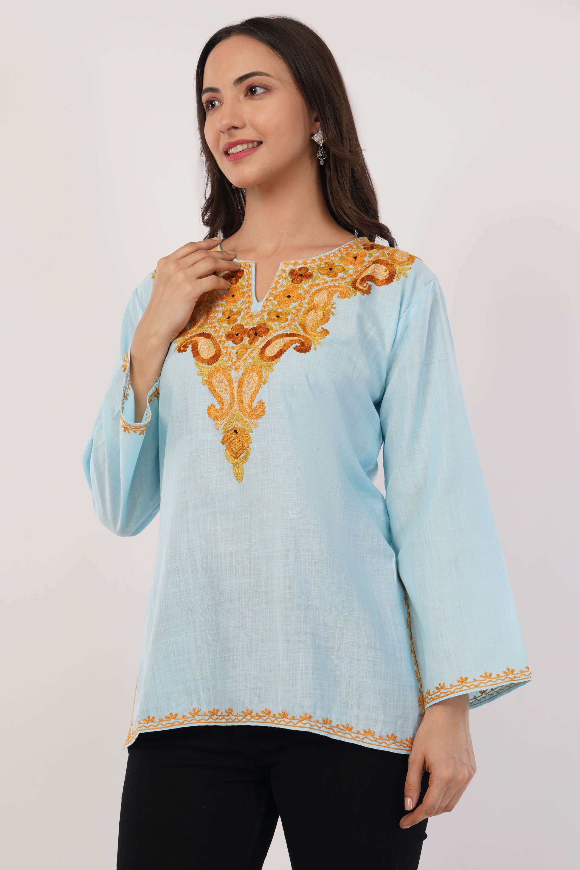Kashmiri Aari embroidery Cotton Short Kurti Size-38 (Sky Blue)