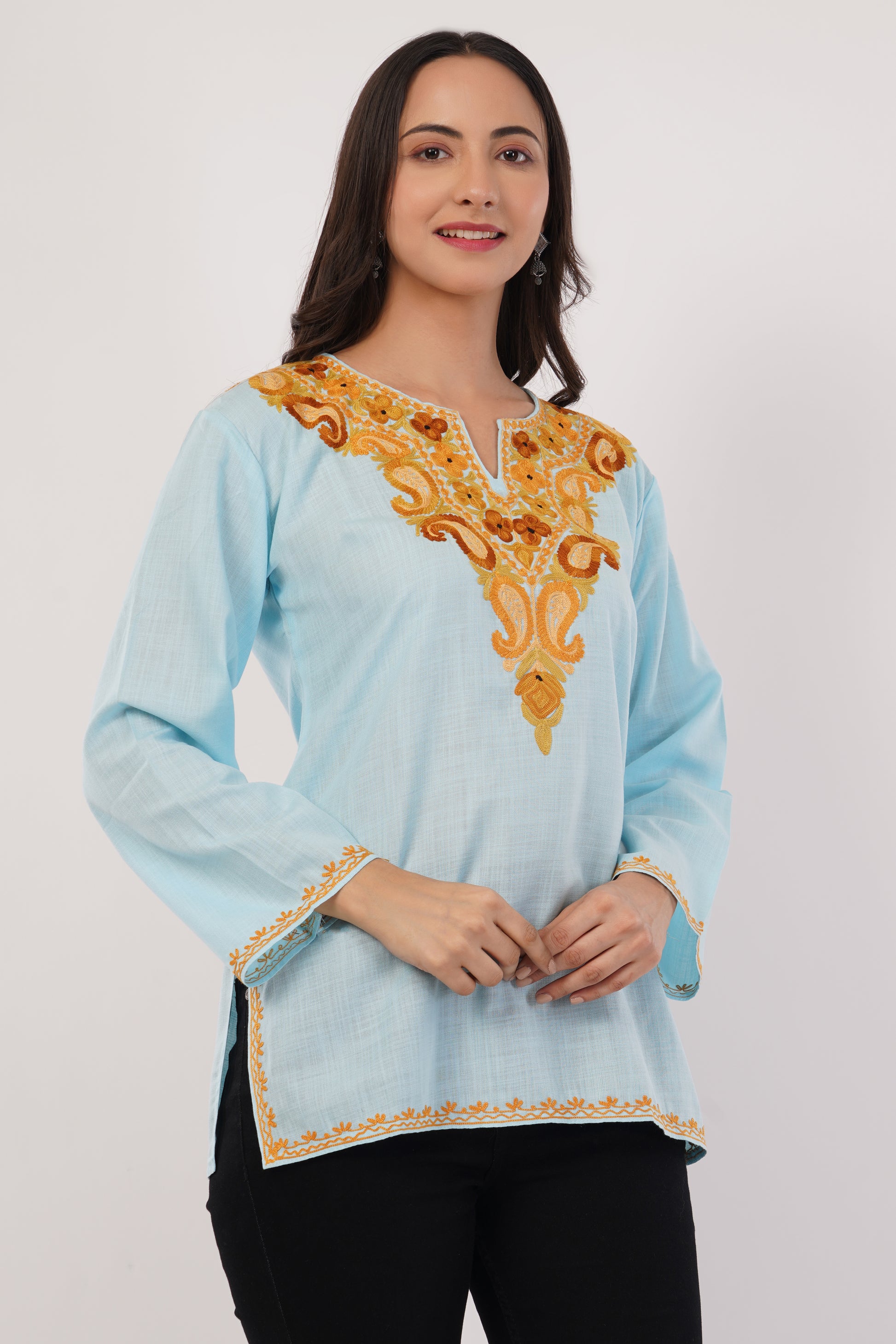 Kashmiri Aari embroidery Cotton Short Kurti Size-38 (Sky Blue)