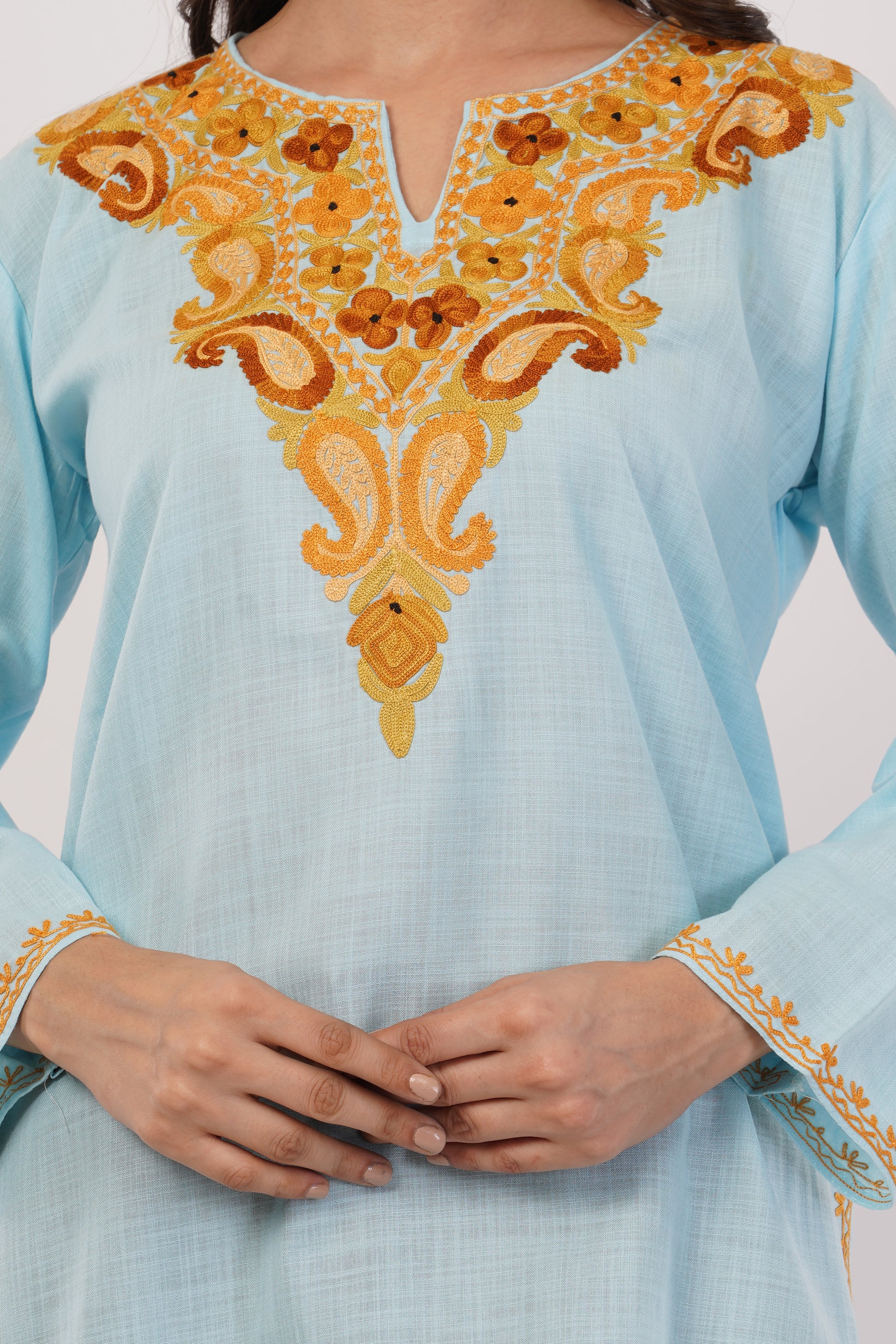 Kashmiri Aari embroidery Cotton Short Kurti Size-38 (Sky Blue)