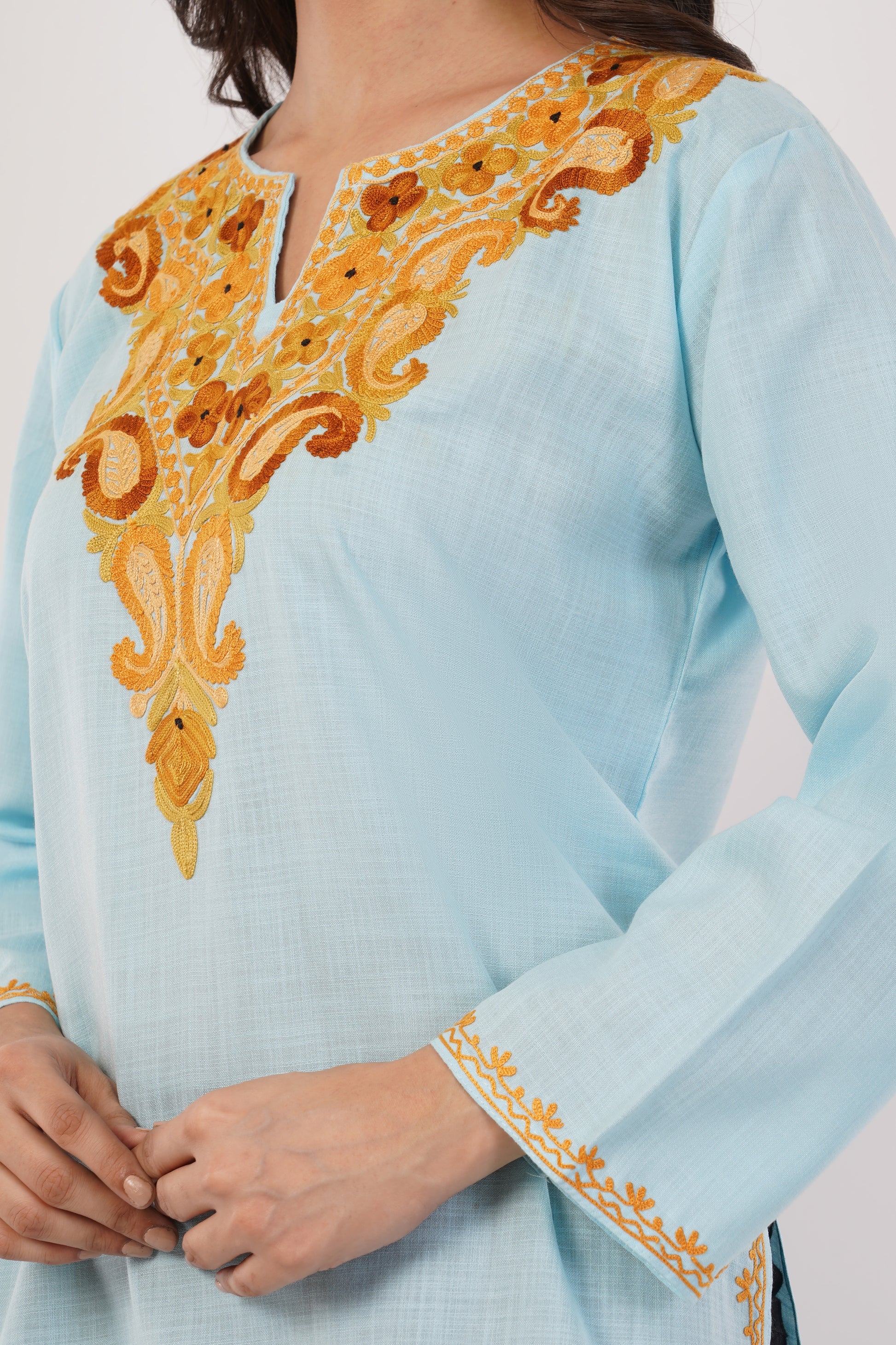 Kashmiri Aari embroidery Cotton Short Kurti Size-38 (Sky Blue)