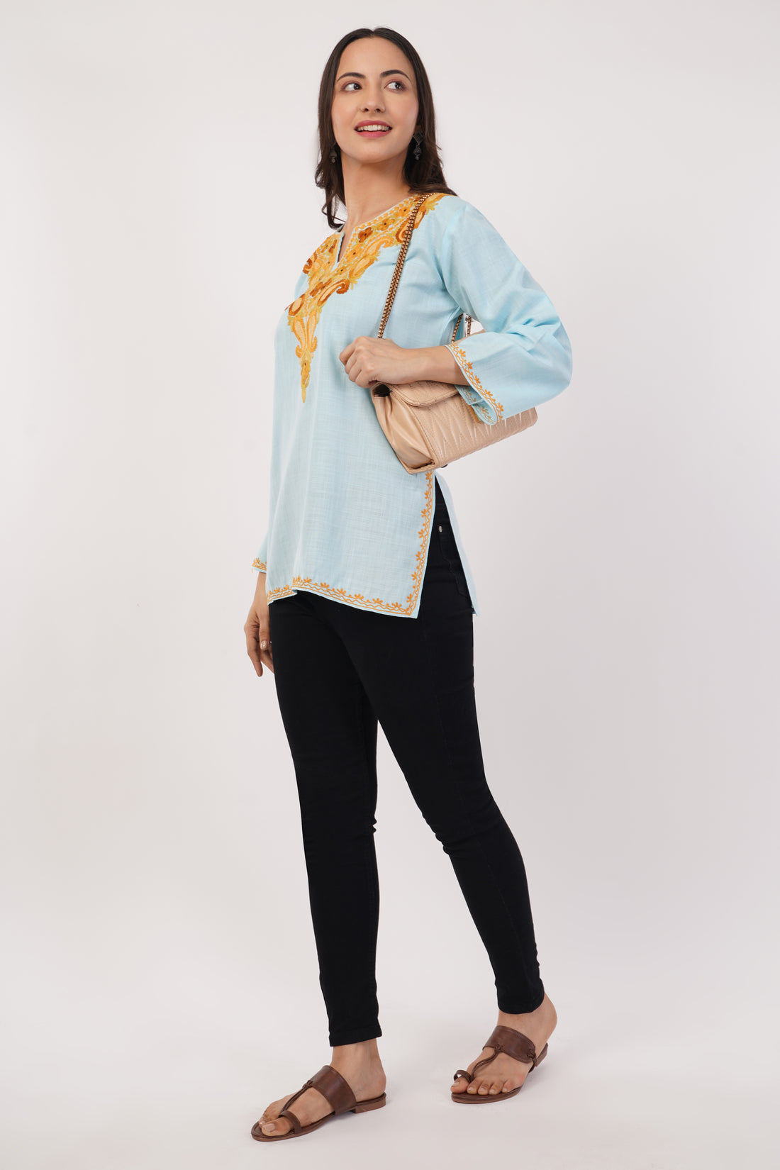 Kashmiri Aari embroidery Cotton Short Kurti Size-38 (Sky Blue)