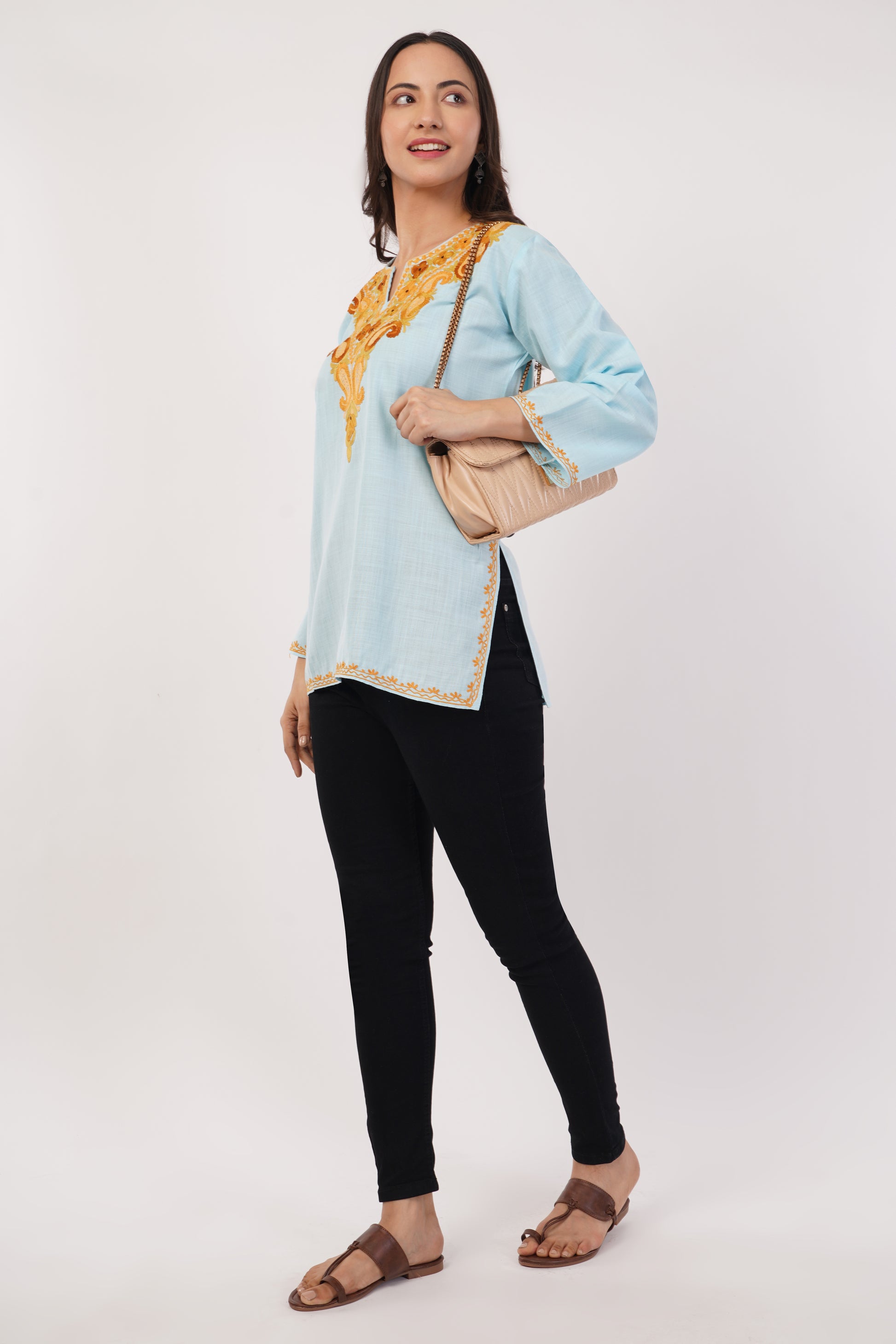 Kashmiri Aari embroidery Cotton Short Kurti Size-38 (Sky Blue)