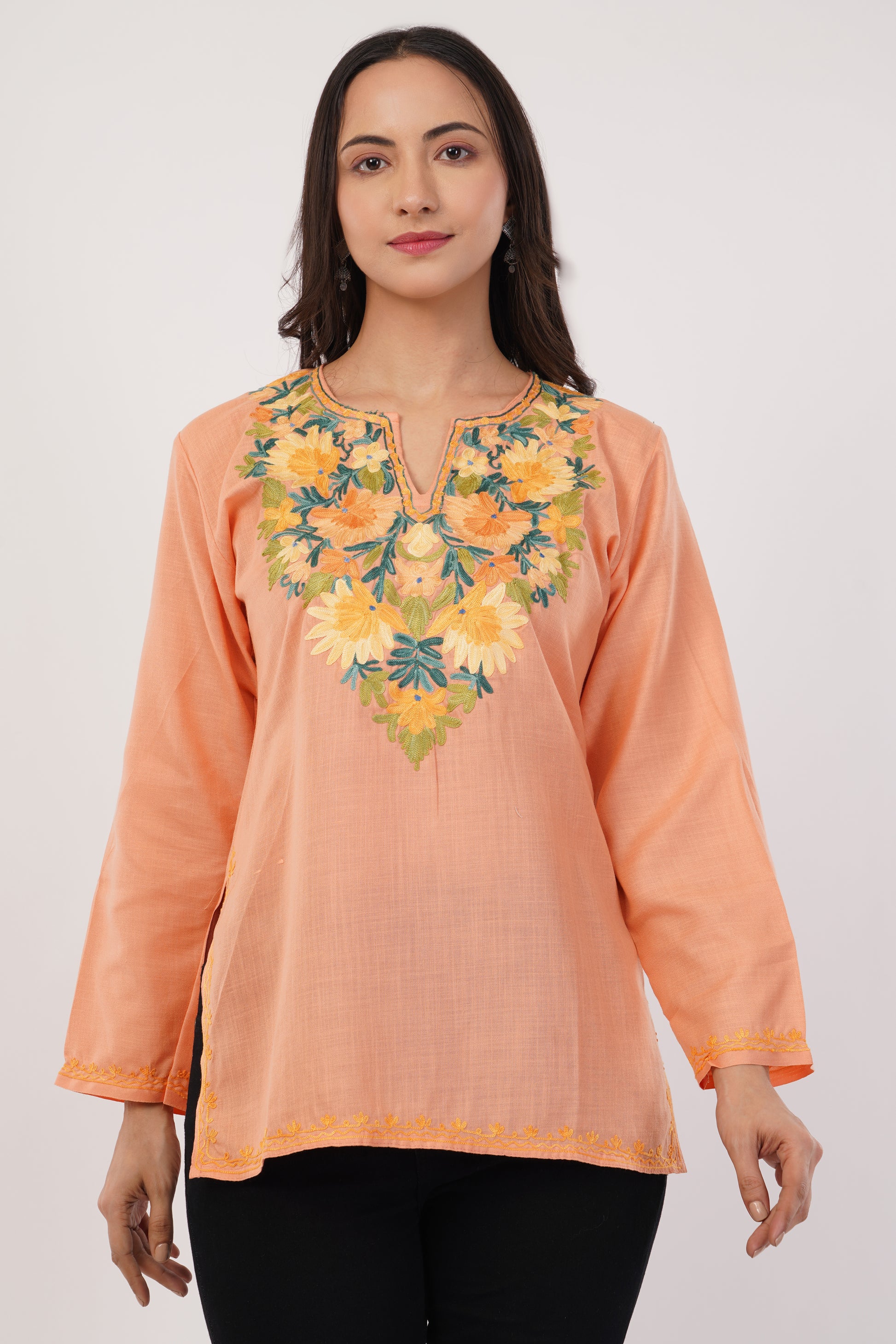 Kashmiri Aari embroidery Cotton Short Kurti Size-36( Peach)