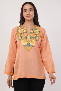 Kashmiri Aari embroidery Cotton Short Kurti Size-36( Peach)