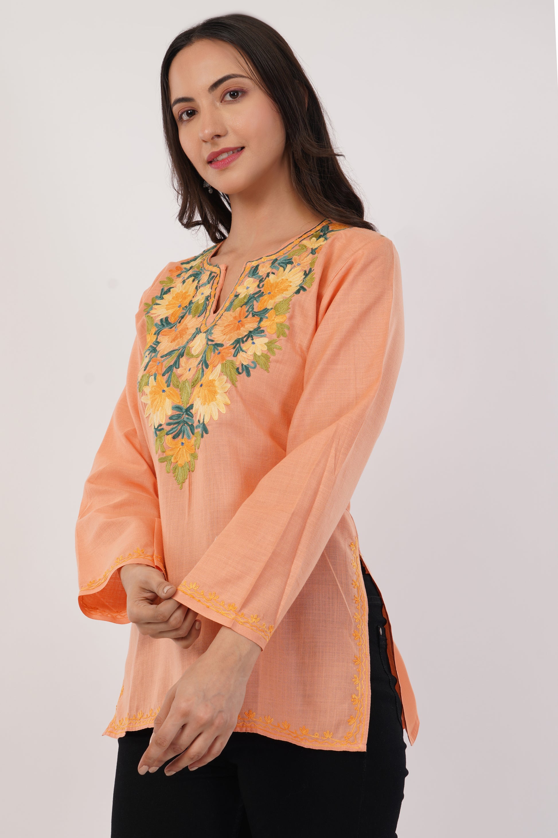 Kashmiri Aari embroidery Cotton Short Kurti Size-36( Peach)