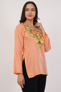 Kashmiri Aari embroidery Cotton Short Kurti Size-36( Peach)
